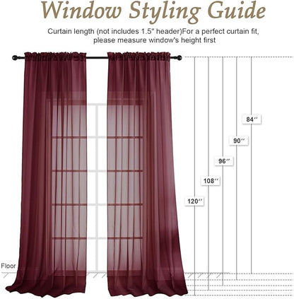 OVZME Burgundy Sheer Curtains 120 Inches Long 2 Panels Set, 59 Inch Extra Wide Soft Airy Lightweight Sheer Curtains for Living Room, Farmhouse Voile Filmy Rod Pocket Drapes, 59Wx120L Inches