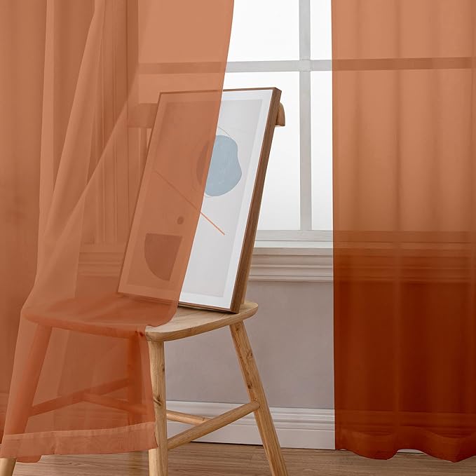 Chyhomenyc Sheer Orange Curtains 90 inches Long 2 Panels, Light Filtering Soft Airy Solid Elegant Voile Window Treatment Drapes for Bedroom Living Room Wedding Party Decor, 42 Wx90 L Inches