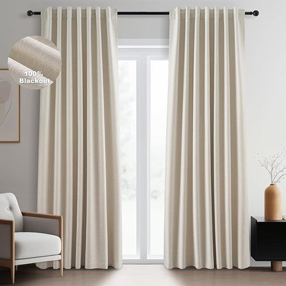 Topfinel 105 Inch Linen Blackout Curtains for Living Room, Modern Neutral Burlap Black Out Thermal Noise Cancelling Curtains，tan Tab Top Rod Pocket 2 Panels Set for Sliding Glass Doors Bay Window