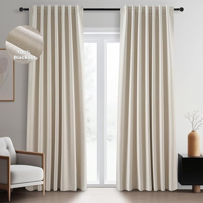 Topfinel Cream Linen Blackout Curtains 102 Inch Length 2 Panels Set for Living Room Bedroom Back Tab Thermal Insulated 100% Black Out Linen Drapes Room Darkening Cabin Curtains Beige