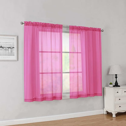 Simplebrand Hot Pink Short Sheer Curtains 45 Inch Length for Small Windows, Rod Pocket 2 Panels Set Solid Voile Drapes Window Sheer Curtains for Bedroom Bathroom Kids Room Kitchen, 42x45 Inch