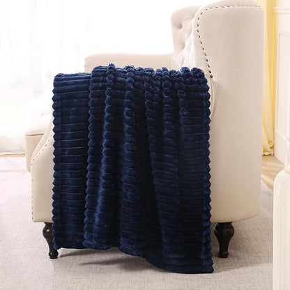 Navy Blue Fleece Throw Blanket 50”×60” for Couch Sofa Bed,Super Soft Cozy Plush Microfiber Flannel Blanket with Stripes Design Lightweight for Adults,Woman,Girls