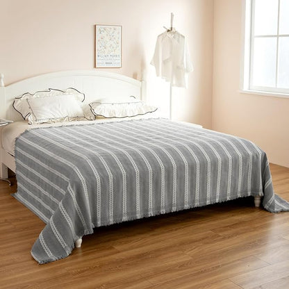 Boho Sofa Covers for 3 Cushion Couch, Couch Cover for Dogs, Loveseat Cover Soft Throw Blankets with Tassels(Striped Grey, 71x134)