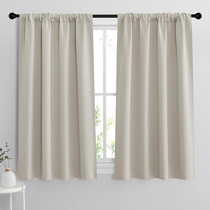 RYB HOME Short Curtains for Bedroom, Room Darkening Insulated Summer Heat Light UV Blocking Energy Saving Drapes for Nursery, Width 42 by Length 48, Natural, Set of 2