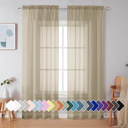 Simplebrand Taupe Sheer Curtains 90 Inches Long 2 Panels, Light Filtering Rod Pocket Solid Color Window Sheer Curtain Panels, Elegant Curtains & Drapes for Living Room, Bedroom, 42" W x 90" L