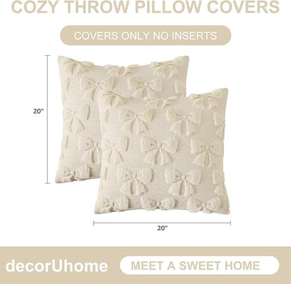 decorUhome Beige Bow Pillow Covers Set of 2 Coquette Aesthetic Cute Preppy Plush Faux Pillowcases for Girly Bedroom or Couch 20x20 Inch