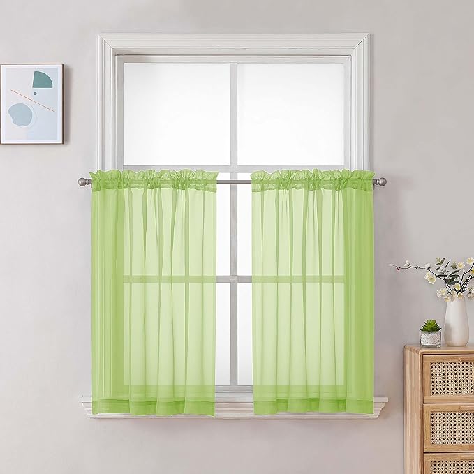 Chyhomenyc Sheer Curtains 36 inch Length 2 Panels Set, Light Filtering Voile Rod Pocket Short Window Curtians for Bathroom Living Room Farmhouse Small Windows, Each 42Wx36L in, 2PCS, Lime