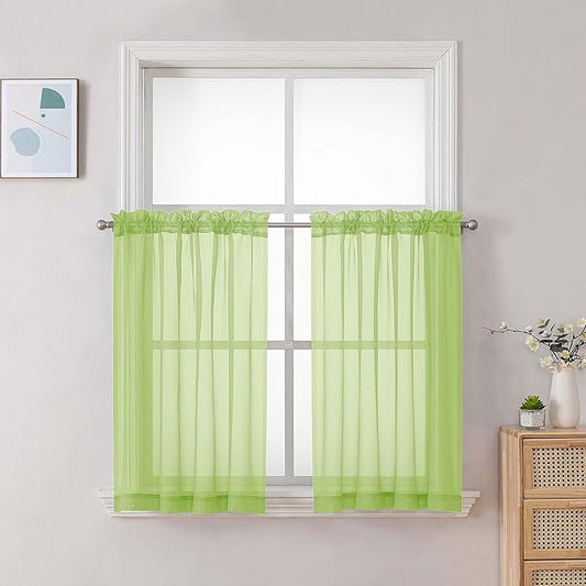 Chyhomenyc Sheer Curtains 36 inch Length 2 Panels Set, Light Filtering Voile Rod Pocket Short Window Curtians for Bathroom Living Room Farmhouse Small Windows, Each 42Wx36L in, 2PCS, Lime