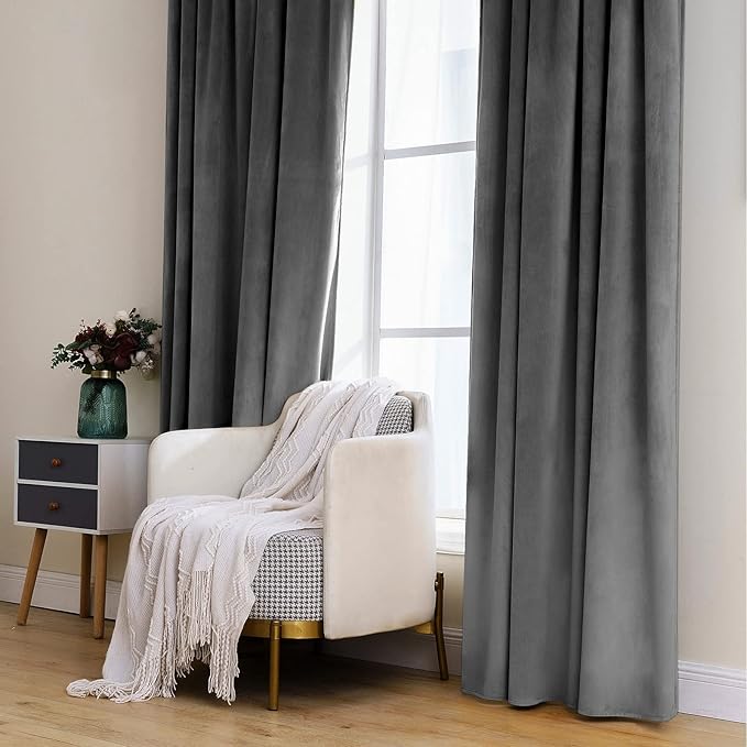 MIULEE Grey Velvet Curtains 90 inches 2 Panels - Luxury Blackout Curtains for Bedroom Living Room Thermal Insulated Super Soft Window Drapes Rod Pocket & Back Tab, W 52 x L 90 inch