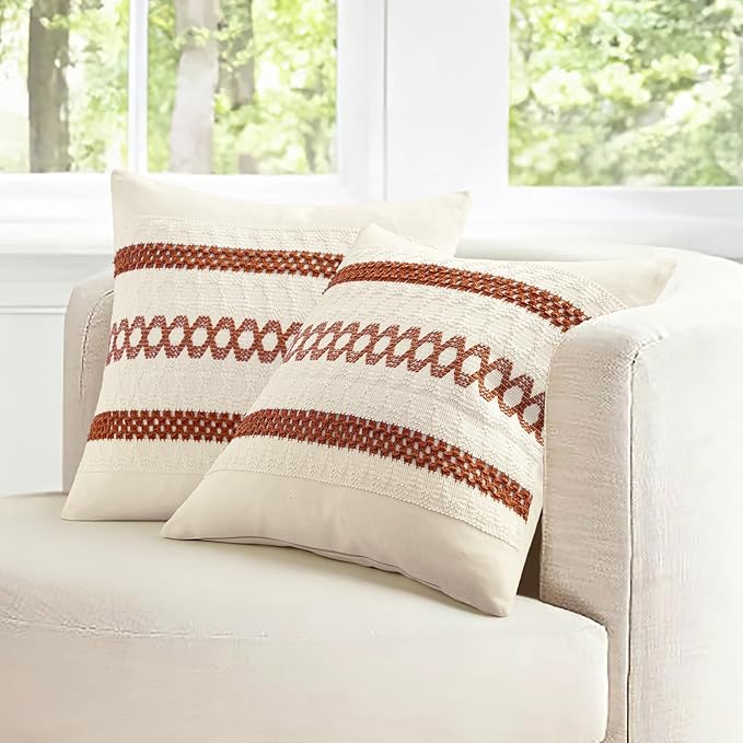 MIULEE Set of 2 Rust Decorative Pillow Covers 20x20 Inch Farmhouse Rustic Boho Couch Throw Pillows Modern Cotton Cushion Covers Retro Cute Macrame Woven Home Decor for Bed Sofa Chair
