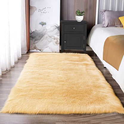 Latepis 3x4 Rugs Yellow Fur Rug Washable Faux Sheepskin Rug Shag Fluffy Rugs for Bedroom Cute Room Décor, Rectangle