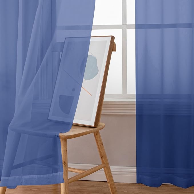 Simplebrand Royal Blue Sheer Curtains 84 Inches Long 2 Panels, Light Filtering Rod Pocket Solid Color Window Sheer Curtain Panels, Elegant Curtains & Drapes for Living Room, Bedroom, 42" W x 84" L
