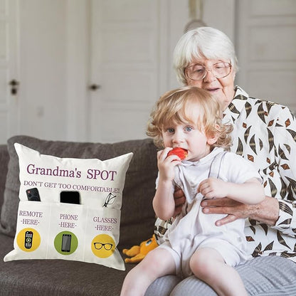 ONFAON Grandma Gifts, Grandma's Spot Throw Pillow Covers 18x18 Inch,Put Phone Glasses and Remote Control Pillowcase,Birthday Christmas Thanksgiving Day Gifts for Grandma Mom,3-Pocket