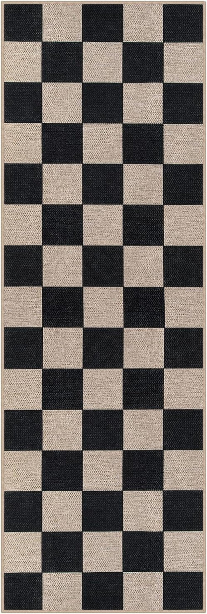 Lahome Colette Checkered Easy Jute Runner Rug, 2x6 Kitchen Runner Rug Non Slip Washable Outdoor Carpet for Entryway Indoor, Checkerboard Black Indoor Outdoor Carpet Runners for Hallway 6ft Entry