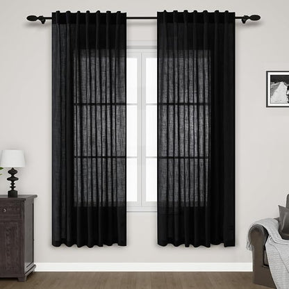 Nanspring Black Semi Sheer Linen Curtains 72 inch Length for Living Room Back Tab Rod Pocket Modern Farmhouse Coastal Decor Cotton Textured Gauze Curtains for Dining Room Office 52x72