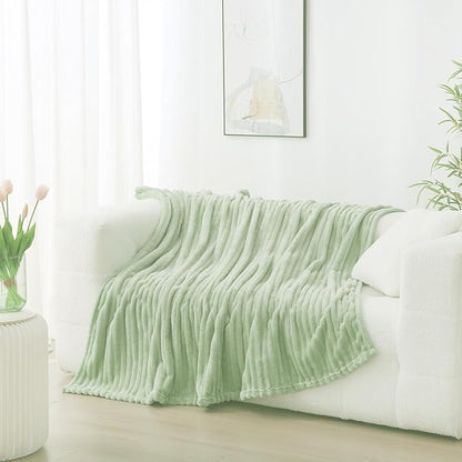 Cream Green Fleece Throw Blanket 50”×60” for Couch Sofa Bed,Super Soft Cozy Plush Microfiber Flannel Blanket with Stripes Design Lightweight for Adults,Woman,Girls