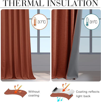 RYB HOME 100% Blackout Linen Textured Curtains 84 inches Long, Insulating Privacy Energy Saving for Bedroom Living Room Window Office Theater Dining Nursery, W 52 x L 84 in, Terracotta, 2 Panels