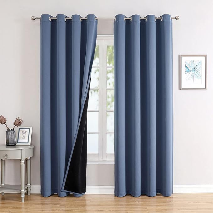 ChrisDowa 100% Blackout Curtains 108 inch Long for Bedroom with Black Liner, 2 Thick Layers Total Blackout Thermal Insulated Grommet Window Curtains 2 Panels Set (Stone Blue, 52 x 108 Inch)