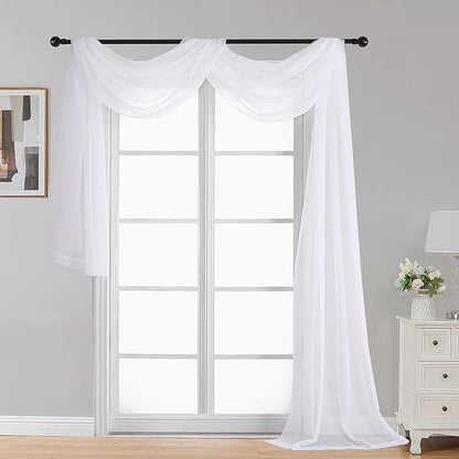 OWENIE Extra Long White Sheer Curtains 144 inch 2 Panels Set, Translucent Backdrop Window Scarf Drapes for Canopy Bed/Wedding/Living Room/Anniversary, 12FT Length, Each 59Wx144L in, 2PCS, White