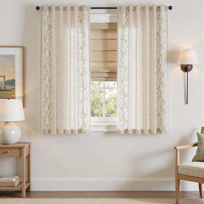 jinchan Evelyn Embroidered Linen Curtains 63 inch Floral Curtains for Living Room Bedroom Farmhouse Cottagecore Semi Sheer Light Filtering Window Drapes Rod Pocket 2 Panels W50 x L63 Sage Green