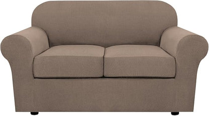 H.VERSAILTEX 3 Piece Stretch Sofa Covers for 2 Cushion Loveseat Couch Covers for Living Room Sofa Slipcovers (Base Cover Plus 2 Seat Cushion Covers) Jacquard Fabric (Medium Sofa, Macchiato)