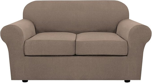 H.VERSAILTEX 3 Piece Stretch Sofa Covers for 2 Cushion Loveseat Couch Covers for Living Room Sofa Slipcovers (Base Cover Plus 2 Seat Cushion Covers) Jacquard Fabric (Medium Sofa, Macchiato)