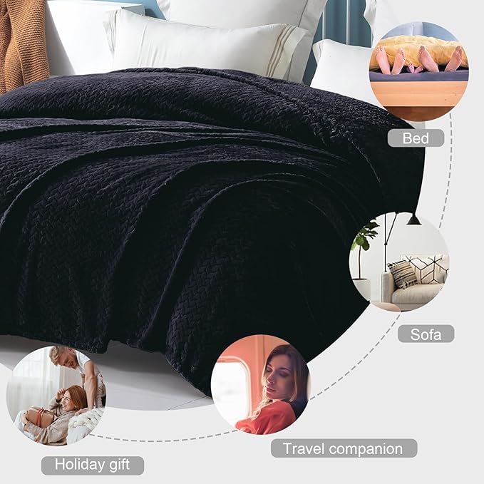 Exclusivo Mezcla Fleece Twin Size Blanket for Bed, 60x80 Inches Soft Cozy Jacquard Flannel Blankets, Lightweight Fuzzy Plush Warm for Women, Black