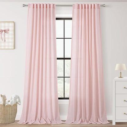 Blush Pink Semi Sheer Linen Curtains for Girls Bedroom Room 96 Inches Long Light Filtering Back Tab Curtain Living Room Farmhouse Linen Look Shiny Sheer Drapes Baby Pink 52ﾗ96 Inch