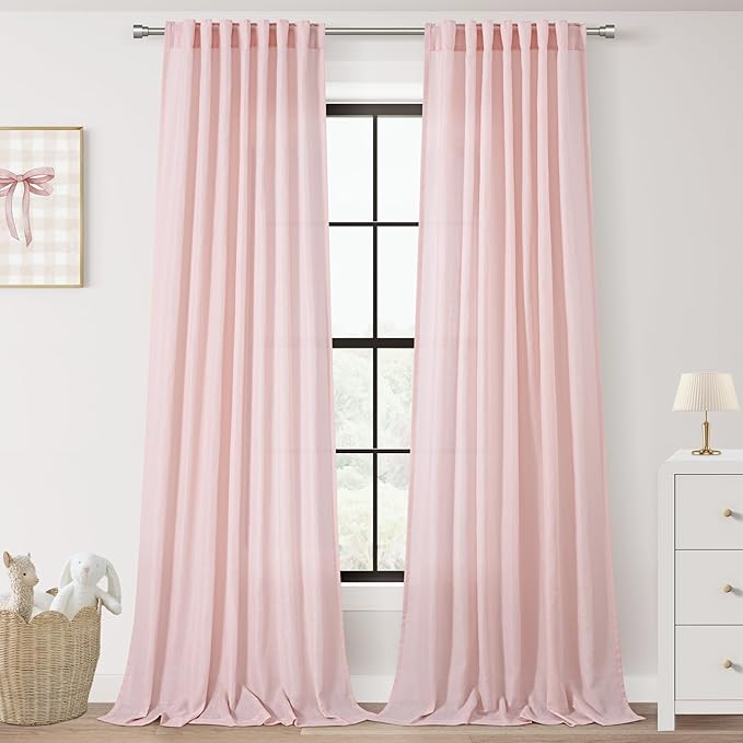 Light Pink Linen Back Tab Curtains 102 Inches Long for Living Room 2 Panels Set Neutral Modern Farmhouse Rod Pocket Light Filtering Semi Sheer Window Curtains for Kids Bedroom Pink Decor
