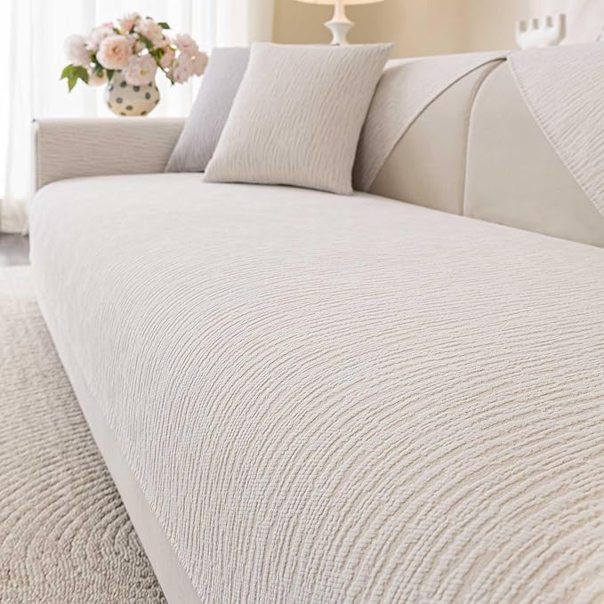 Soft Waterproof Chenille Cover Washable, Non Slip Sectional Sofa Covers for 3 Cushion Couch Sofa L Sharped Sofa Slipcover for Pets, Furniture Protector (1 PCS 36"x70" White)