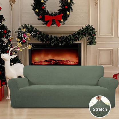 Easy-Going Stretch Oversized Sofa Slipcover 1-Piece Sofa Cover Furniture Protector Couch Soft with Elastic Bottom for Kids, Polyester Spandex Jacquard Fabric Small Checks Greyish Green
