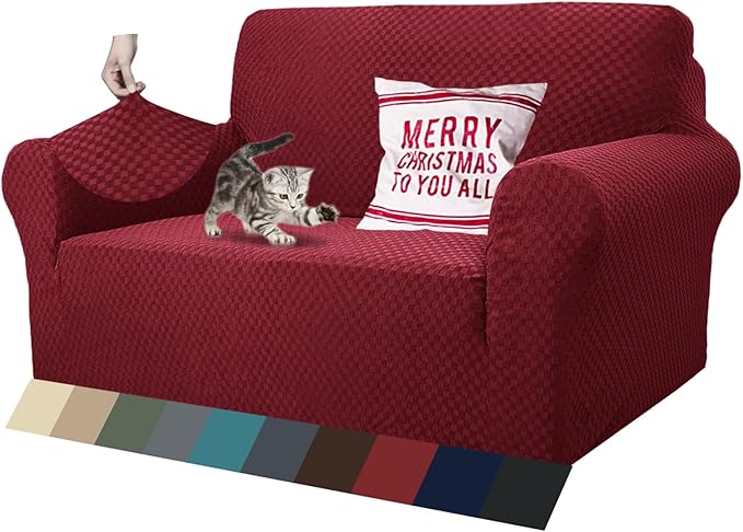ZNSAYOTX 1 Piece Jacquard Couch Covers for 2 Cushion Couch High Stretch Loveseat Slipcover for Pets Dogs Anti Slip Love Seat Sofa Slipcover Furniture Protector (Loveseat, Wine Red)
