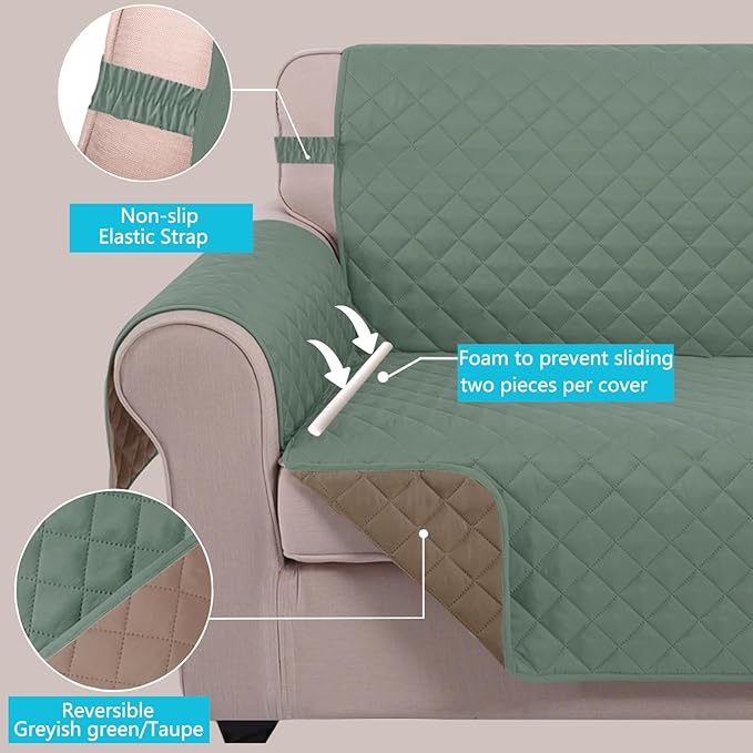 U-NICE HOME Reversible Oversized Chair Covers Quilted Water Repellent Pet Protectors with Elastic Straps(28''Armchair, Greyish Green/Taupe)