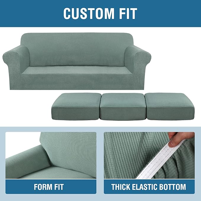 H.VERSAILTEX 4 Piece Stretch Sofa Covers for 3 Cushion Couch Covers for Living Room Furniture Slipcovers (Base Cover Plus 3 Seat Cushion Covers) Upgraded Thicker Jacquard Fabric (Sofa, Sage)