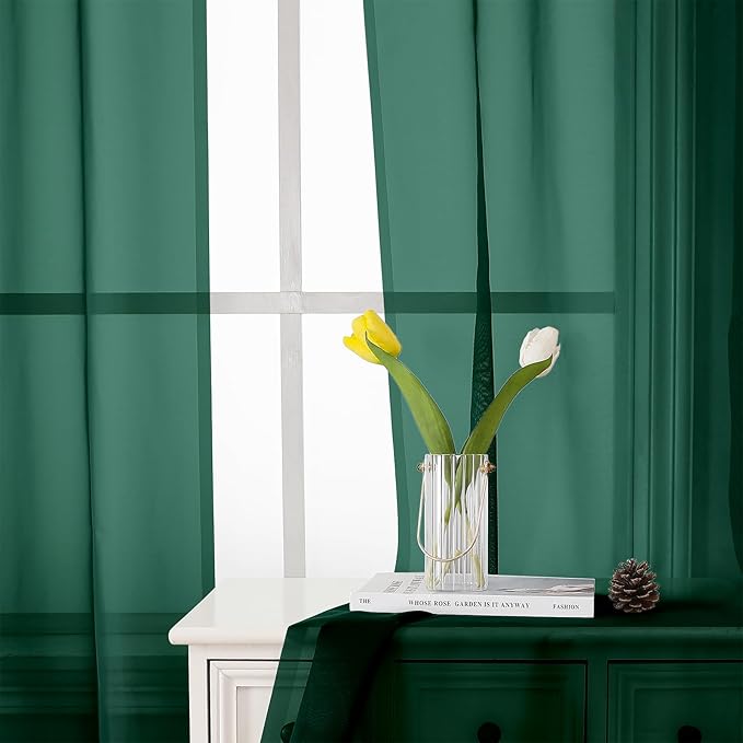 Lecloud Hunter Green Sheer Curtains 54 Inch Length 2 Panels, Voile Light Filtering Curtains with Rod Pocket, Transparent Tulle Drapes for Bedroom Laundry, Each Panel 42 X 54 Inch