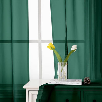 Lecloud Hunter Green Sheer Curtains 54 Inch Length 2 Panels, Voile Light Filtering Curtains with Rod Pocket, Transparent Tulle Drapes for Bedroom Laundry, Each Panel 42 X 54 Inch