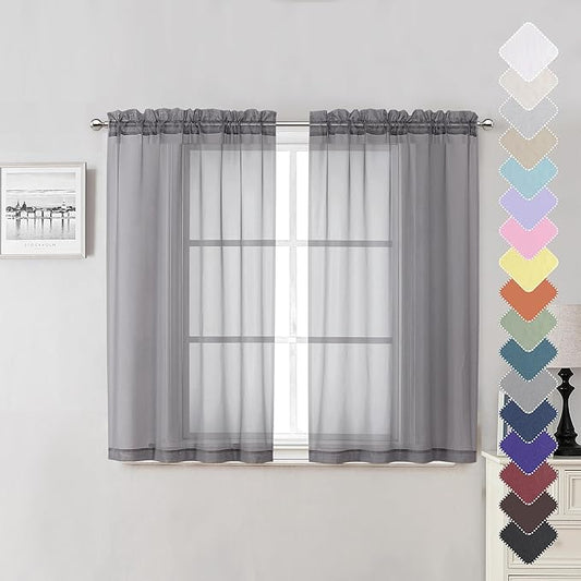 Lecloud Grey Sheer Curtains 45 Inch Long 2 Panels, Short Voile Drapes for Dinning Small Windows, Light Filtering Voile Curtain for Living Room Bedroom Bathroom, Dual Rod Pocket, 40" Wx45 L