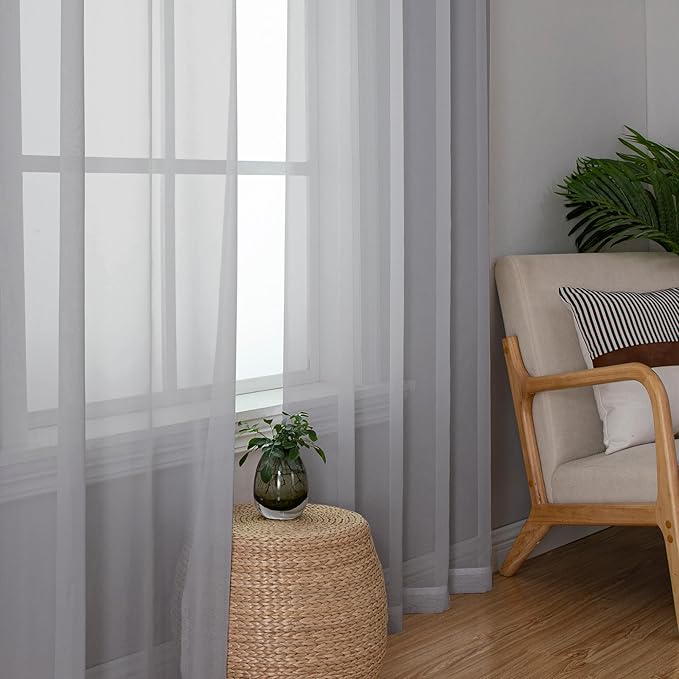 OWENIE Sheer Curtains 96 inches Long for Bedroom Living Room, Solid Light Gray Soft Fimly Sheer Curtains with Rod Pocket Top, Light Filtering Voile Sheer Farmhouse Curtains, 42Wx96L inch
