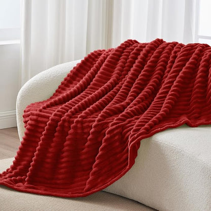 BEDELITE Twin Blanket for Couch & Bed, 300GSM Soft & Warm Fleece Blanket, Decorative and Giftable Striped Burgundy Blankets for Women, Men, 60"x80"