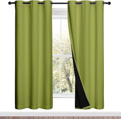 NICETOWN 100% Blackout Window Curtain Panels, Fresh Green, 2 Pieces, 42-inch Wide Per Panel, Full Light Blocking Drapes with Black Liner for Nursery, 72-inch Drop Thermal Insulated Draperies