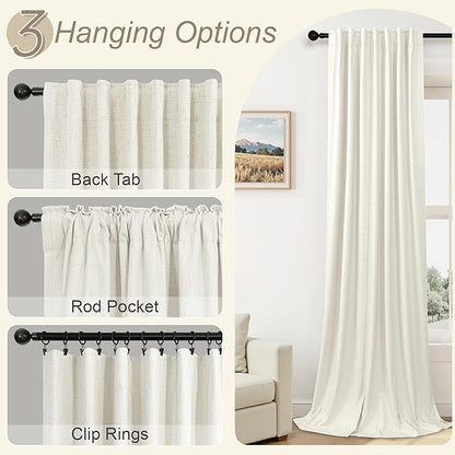 Pitalk 108 Inch Long Blackout Curtains & Drapes for Patio Sliding Glass Doors Back Tab Pocket Pleated 2 Panels Set Linen Black Out 9FT Ceiling to Floor Length Curtains for Living Room Cream 42 x 108