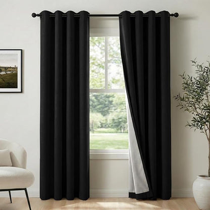 100% Blackout Shield Linen Blackout Curtains for Bedroom, Black Grommet Curtains for Living Room, Thermal Insulated Room Darkening Drapes for Nursery, Boho Home Decor, 50" W x 72" L, 2 Panels