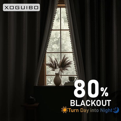 Boho 80% Blackout Curtains with Gray Liner 84 Inches Long 2 Panels Set, Beige Linen Blend Drapes with Tassels and Cotton Embroidered for Living Room Bedroom