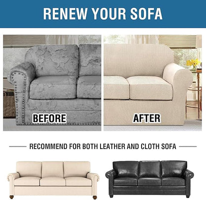 4 Piece Stretch Sofa Covers for 3 Cushion Couch Covers Furniture Slipcovers for Living Room (1 Base Cover Plus 3 Seat Cushion Covers) Thicker Jacquard Fabric Cover (XL Sofa, Natural)