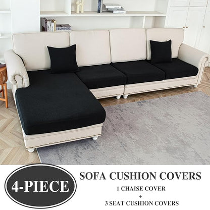 Couch Cushion Covers for Sectional Sofa L Shape Washable Separate Seat Chaise Couch Cover Stretch Sofa Slipcovers with 2 Pcs Pillowcases(3 Seater + 1 Chaise, Black)