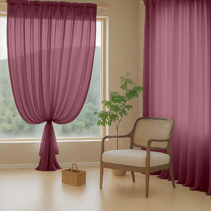 Extra Wide Sheer Curtains 120 Inches Long, Extra Long Light Filtering Modern Patio Curtains for Sliding Glass Door, Rod Pocket Voile Drapes for Living Room, Burgundy, 2x59Wx120L Inches, 10FT