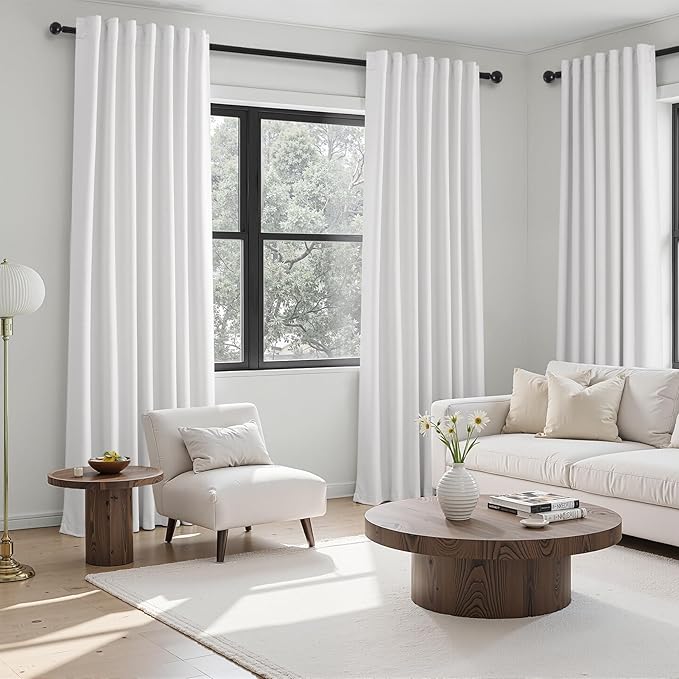 96 inch long Linen blackout curtains 2 Panels 100% Black out Linen texture Curtains ivory white Window Drapes with Back Tab Rod Pocket Mordern vintage Curtains Panel for Bedroom Living Room 8FT