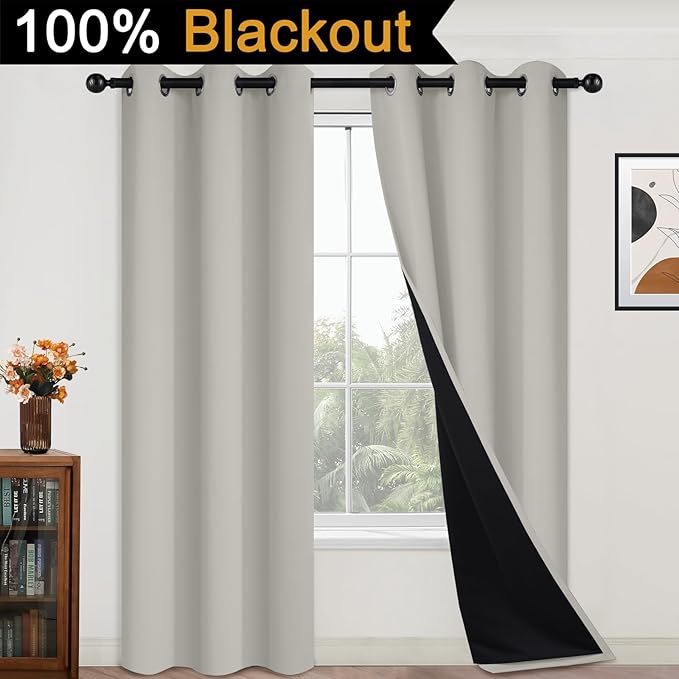 Yakamok Cream Beige 100% Blackout Curtains, Thermal Insulated Total Blackout Drapes for Bedroom, Heat Blocking Window Curtains for Living Room(42Wx84L, 2 Panels)
