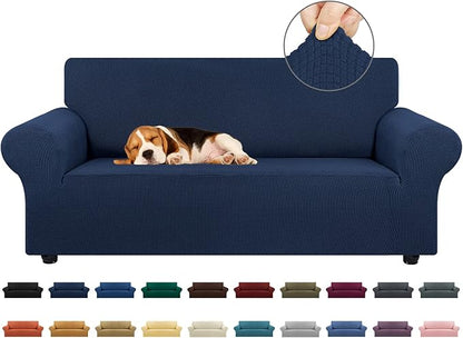 KEKUOU Stretch Loveseat Sofa Cover Slipcover,Couch Covers for 2 Cushion Couch Sofa (55"-78") Furniture Protector Sofa with Elastic Bottom for Kids,Dog. Jacquard Small Checked (Medium,Navy Blue)