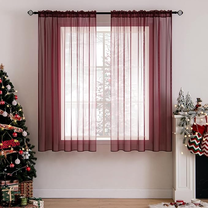 MIULEE 2 Panels Solid Color Sheer Christmas Window Curtains Elegant Window Voile Panels/Drapes/Treatment for Bedroom Living Room (54X45 Inches Wine Red)